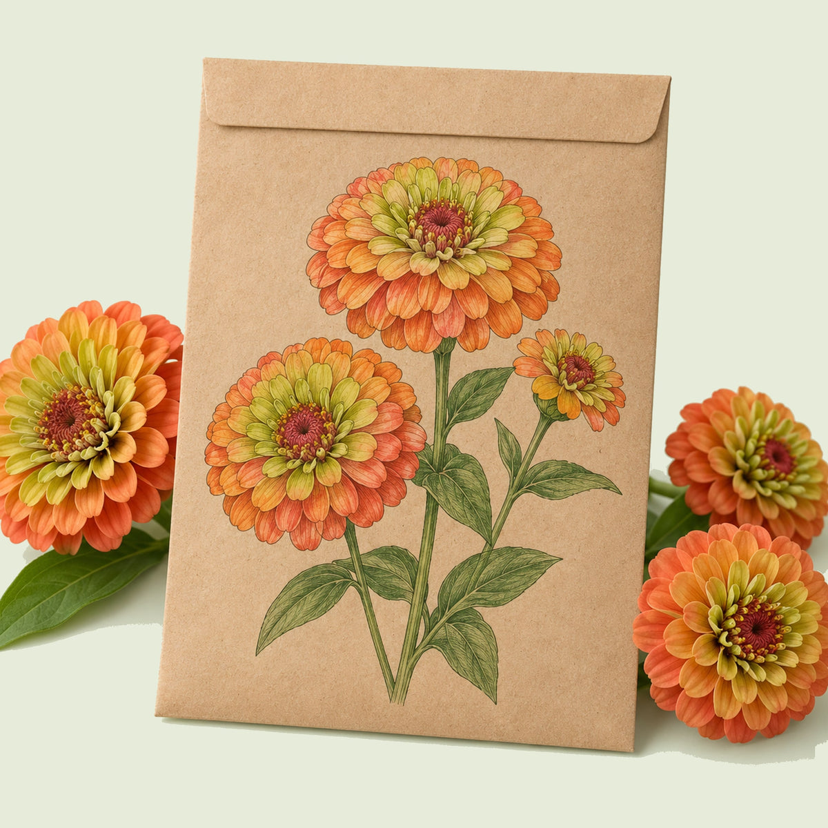 Kraft seed packet illustrated with Queeny Lime Orange Zinnia, with fresh Queeny Lime Orange Zinnia beside it