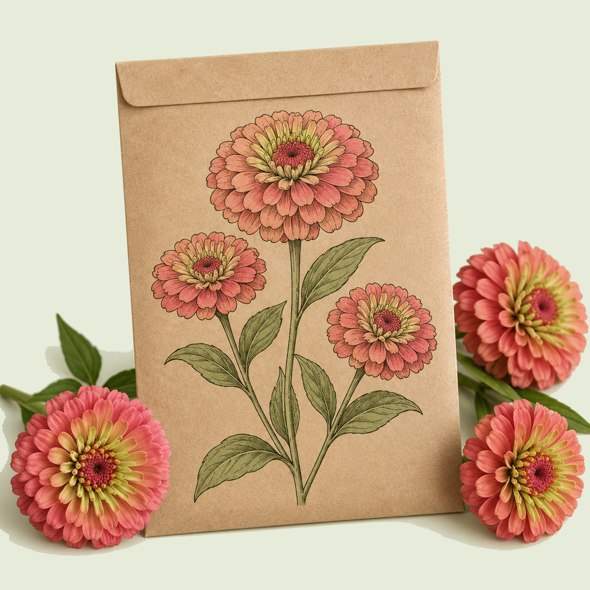 Kraft seed packet illustrated with Queeny Lime Red Zinnia, with fresh Queeny Lime Red Zinnia beside it