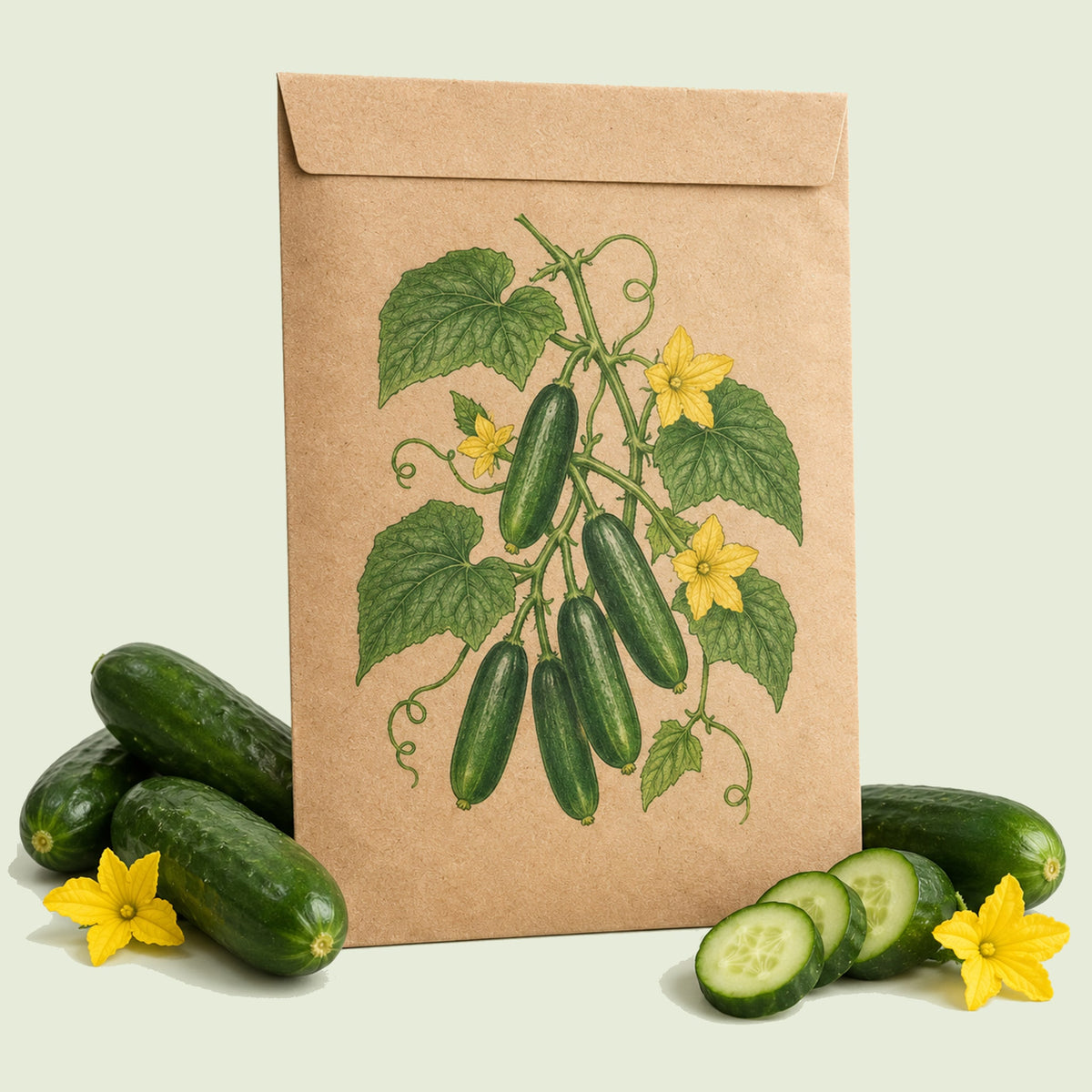 Kraft seed packet illustrated with Quick Snack Cucumber, with fresh Quick Snack Cucumber beside it