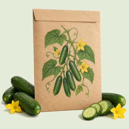 Kraft seed packet illustrated with Quick Snack Cucumber, with fresh Quick Snack Cucumber beside it