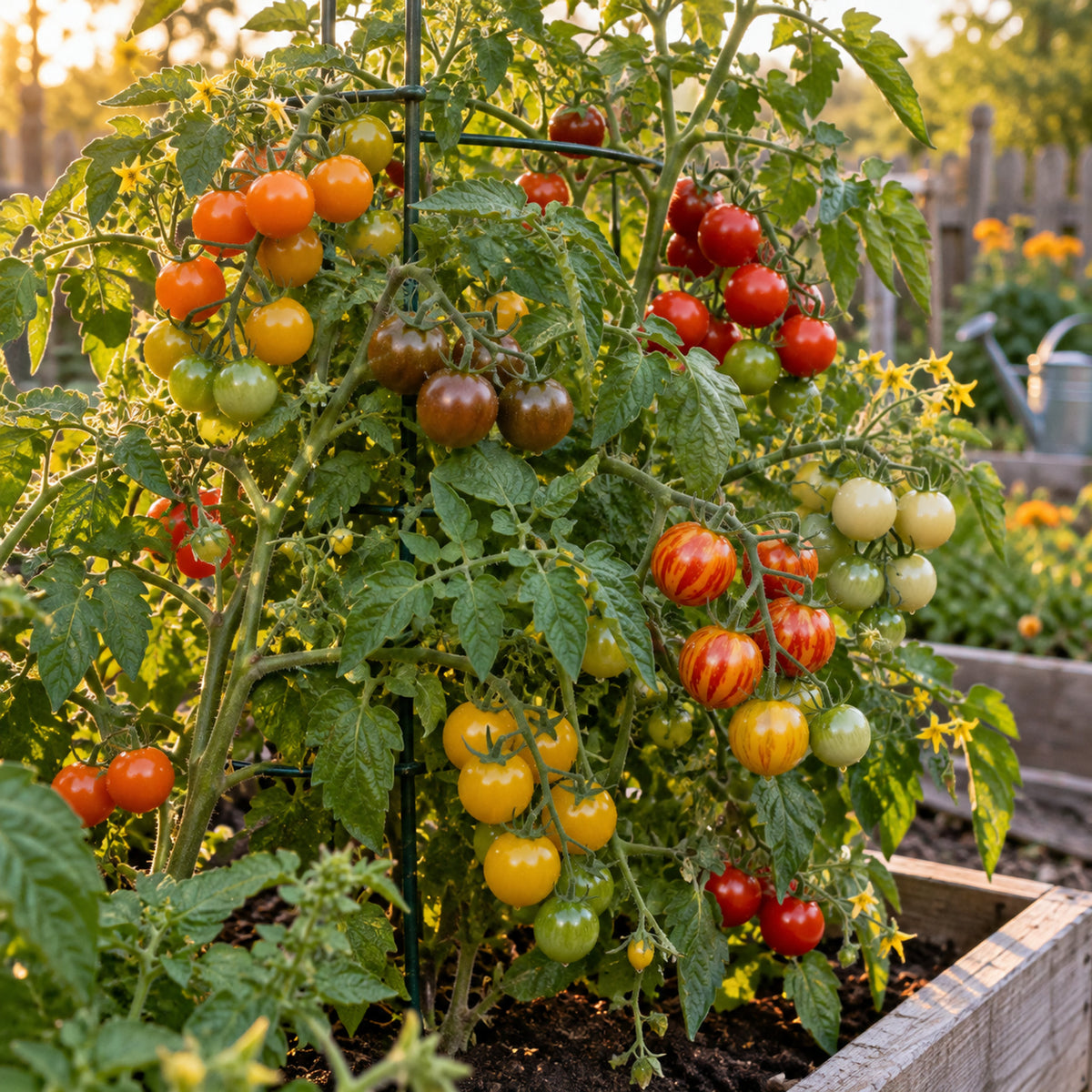 Rainbow Cherry Tomato Blend Seeds growing in a home garden