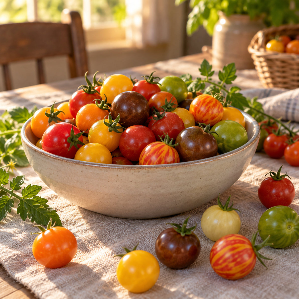 Rainbow Cherry Tomato Blend Seeds harvest up close