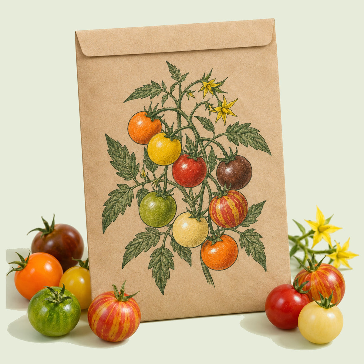 Kraft seed packet illustrated with Rainbow Cherry Tomato Blend, with fresh Rainbow Cherry Tomato Blend beside it