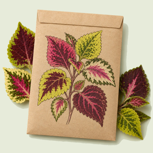 Kraft seed packet illustrated with Rainbow Coleus, with fresh Rainbow Coleus beside it