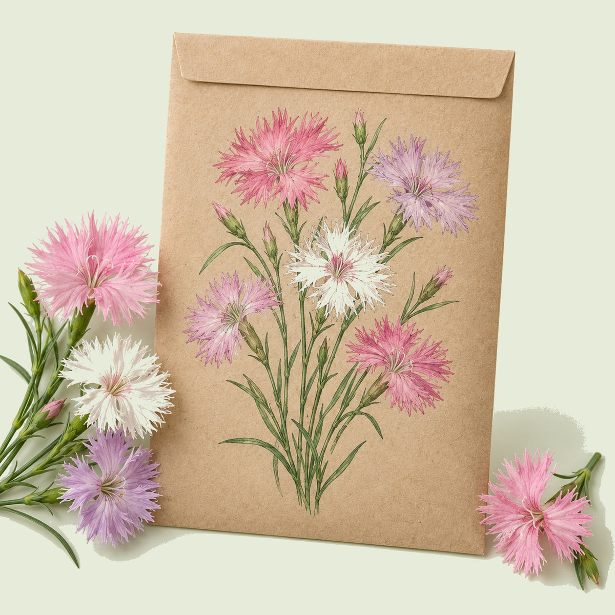 Kraft seed packet illustrated with Rainbow Loveliness Cottage Pinks, with fresh Rainbow Loveliness Cottage Pinks beside it