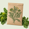 Kraft seed packet illustrated with Rapini Broccoli Raab, with fresh Rapini Broccoli Raab beside it