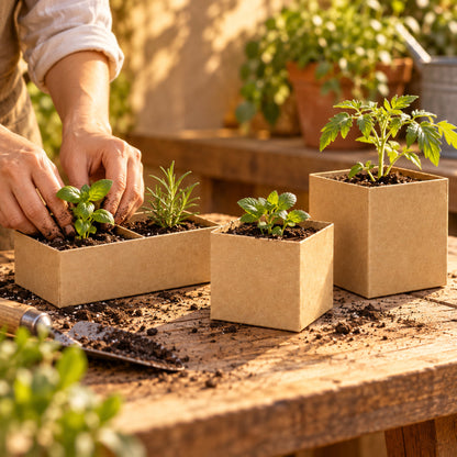 Recycled Paper Seedling Pots in use in a home garden