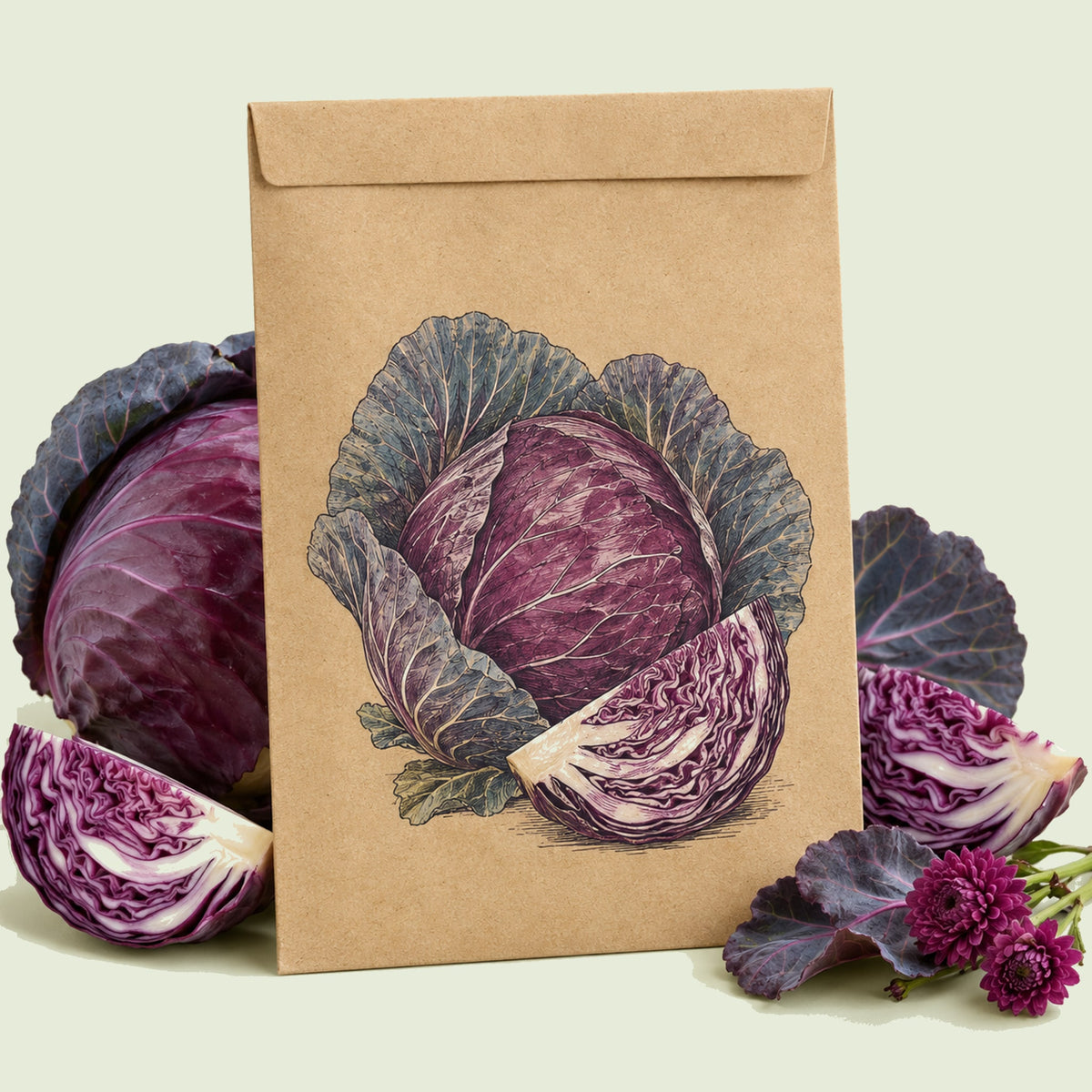Kraft seed packet illustrated with Red Acre Cabbage, with fresh Red Acre Cabbage beside it