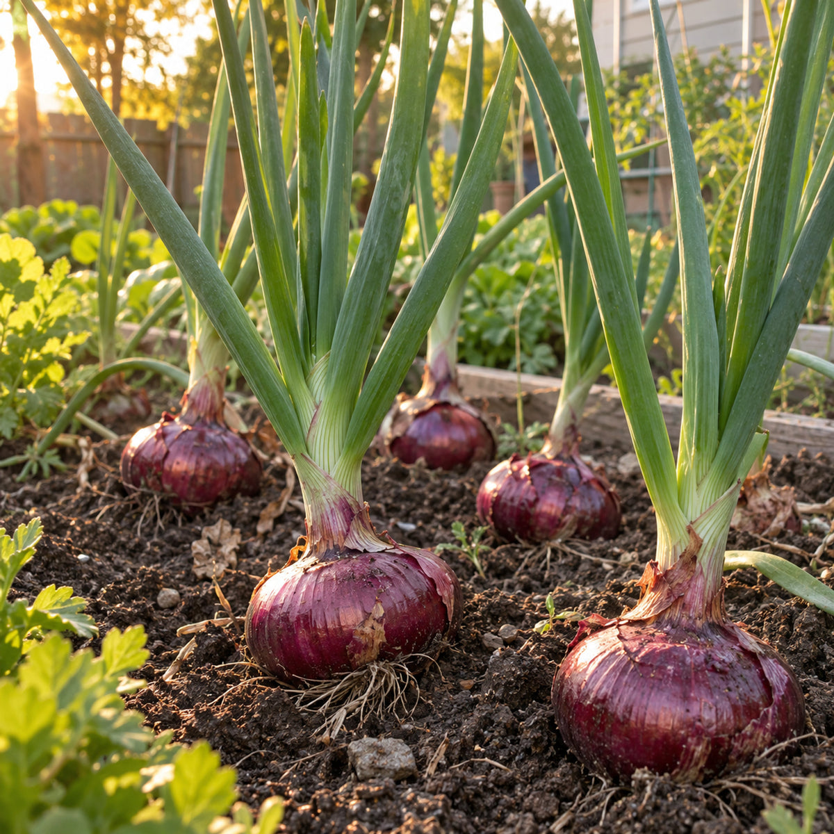 Red Amposta Onion Seeds growing in a home garden