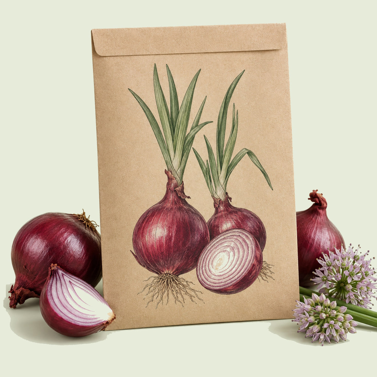 Kraft seed packet illustrated with Red Amposta Onion, with fresh Red Amposta Onion beside it
