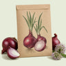 Kraft seed packet illustrated with Red Amposta Onion, with fresh Red Amposta Onion beside it