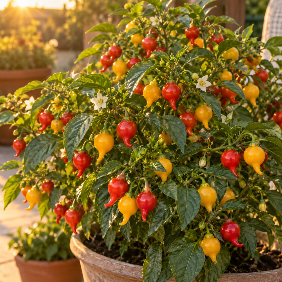 Red and Yellow Biquinho Pepper Seeds growing in a home garden
