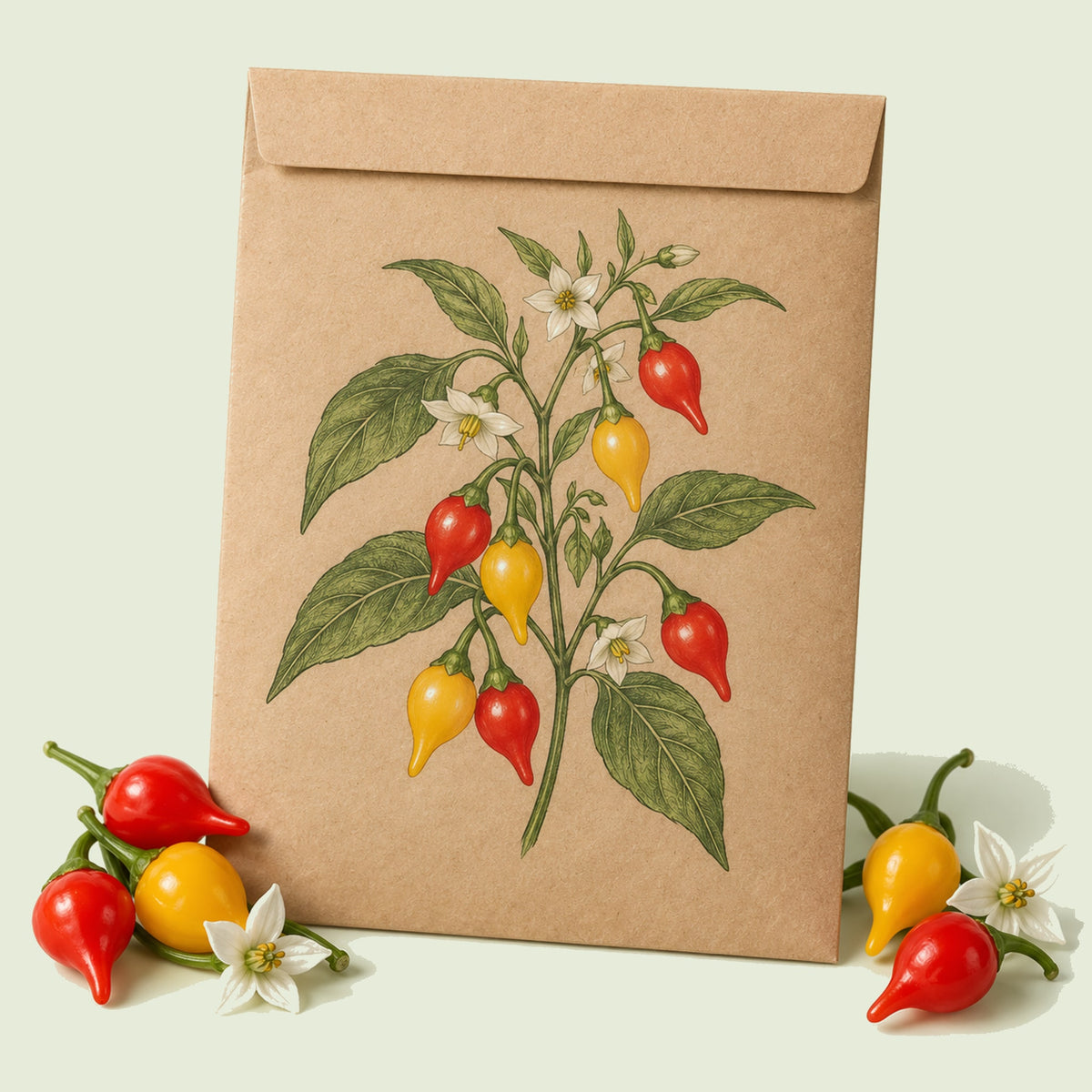 Kraft seed packet illustrated with Red and Yellow Biquinho Pepper, with fresh Red and Yellow Biquinho Pepper beside it