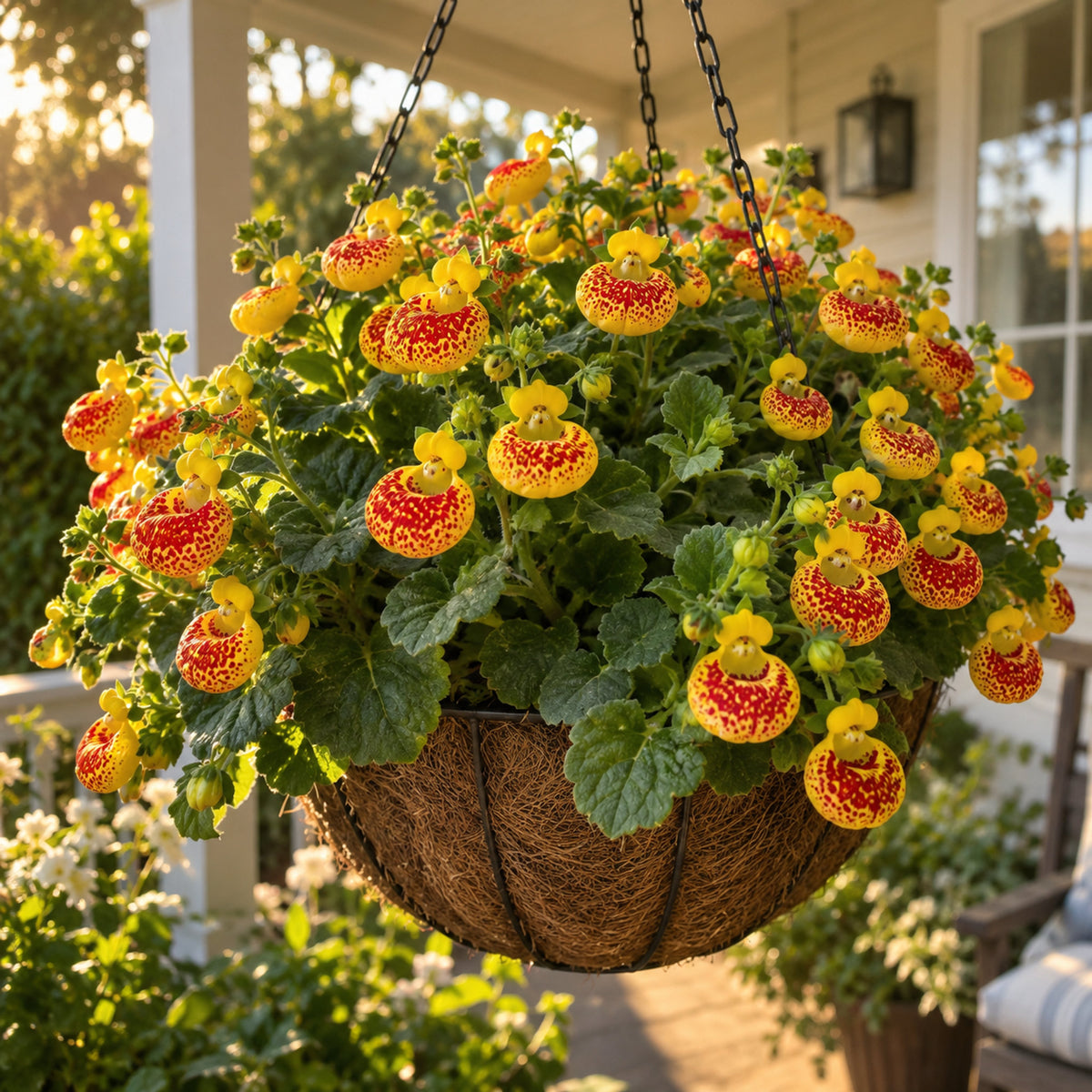 Red and Yellow Lady's Purse Seeds growing in a home garden