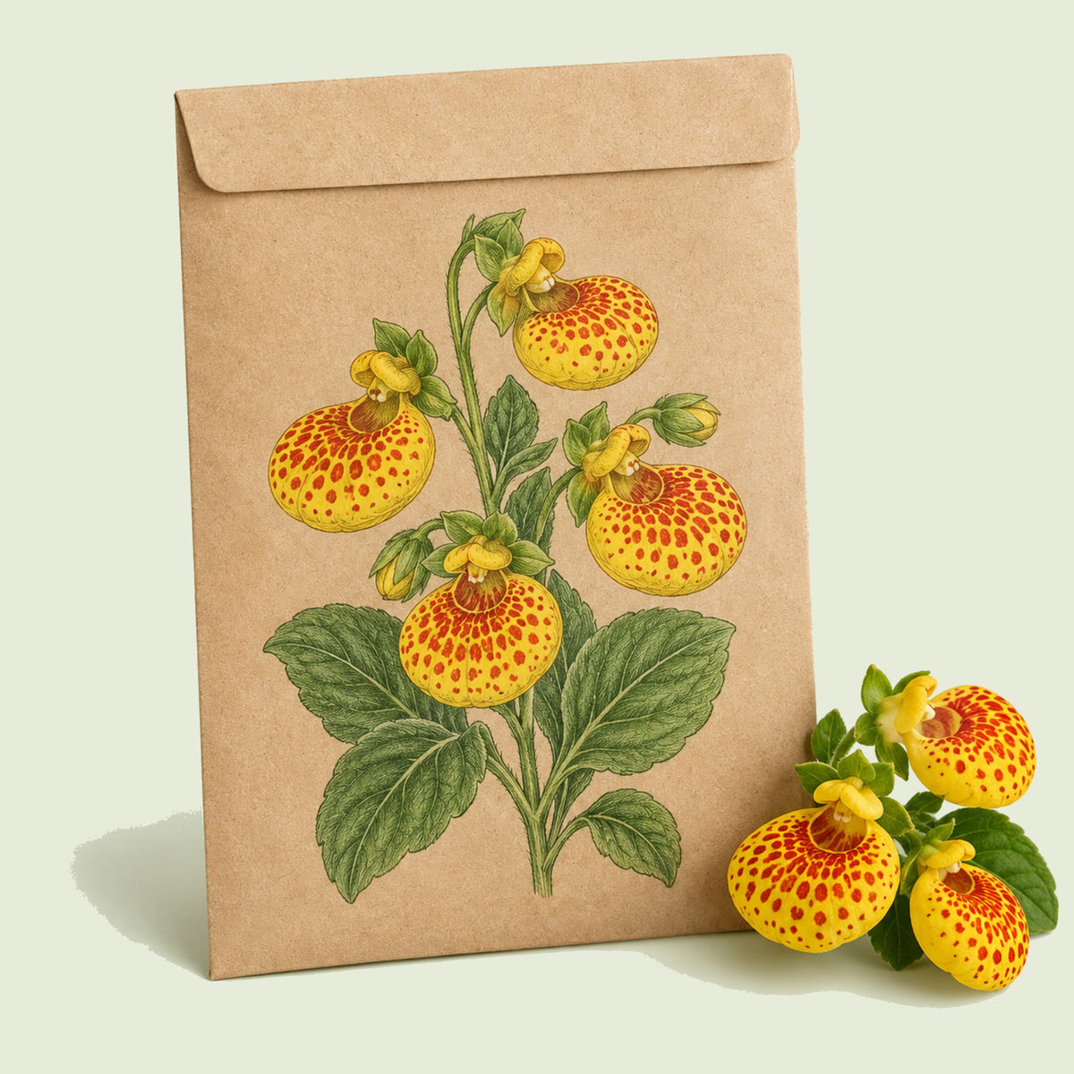 Kraft seed packet illustrated with Red and Yellow Lady's Purse, with fresh Red and Yellow Lady's Purse beside it