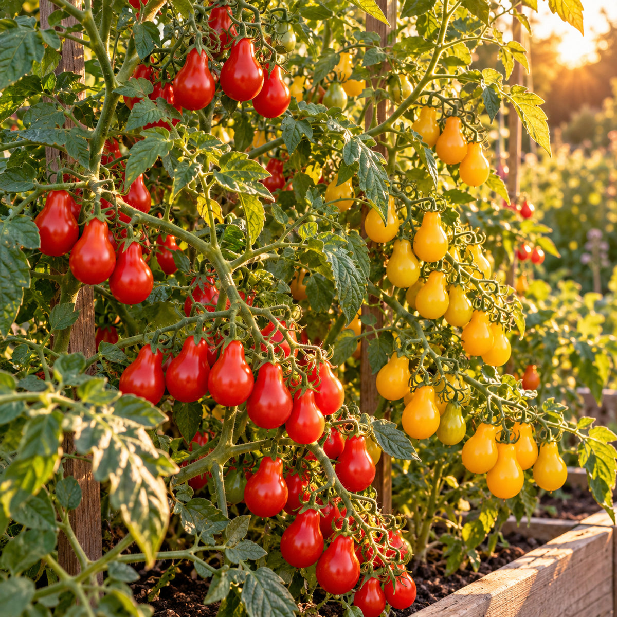 Red and Yellow Pear Cherry Tomato Seeds growing in a home garden