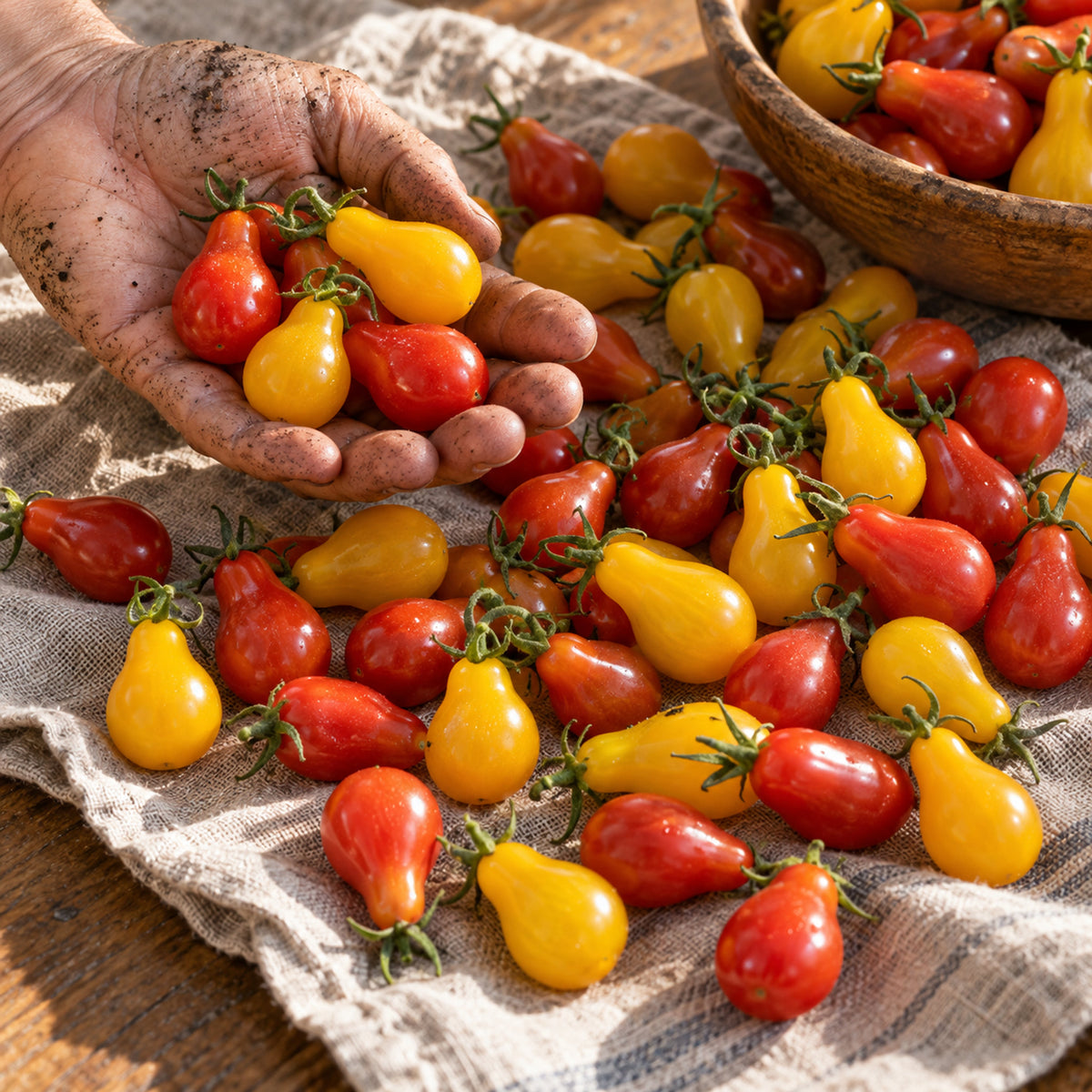 Red and Yellow Pear Cherry Tomato Seeds harvest up close