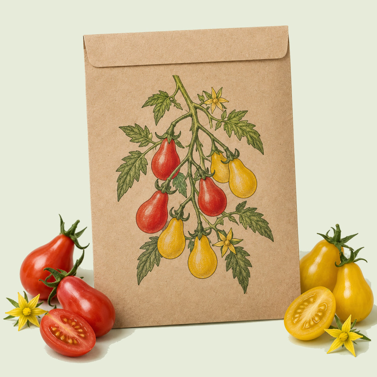 Kraft seed packet illustrated with Red and Yellow Pear Cherry Tomato, with fresh Red and Yellow Pear Cherry Tomato beside it