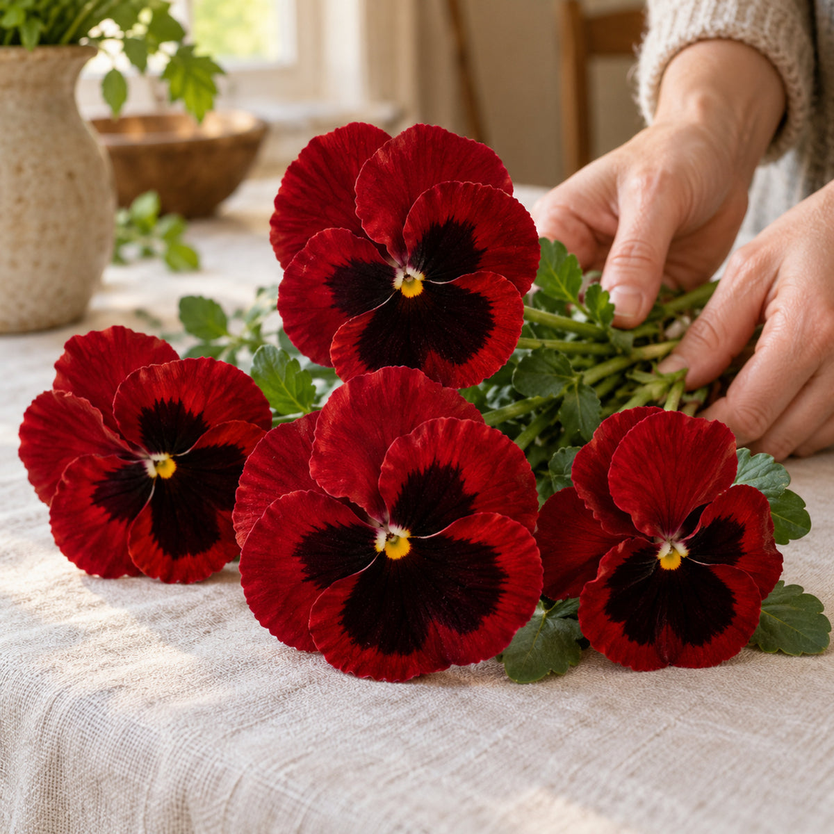 Red Blotch Pansy Seeds harvest up close