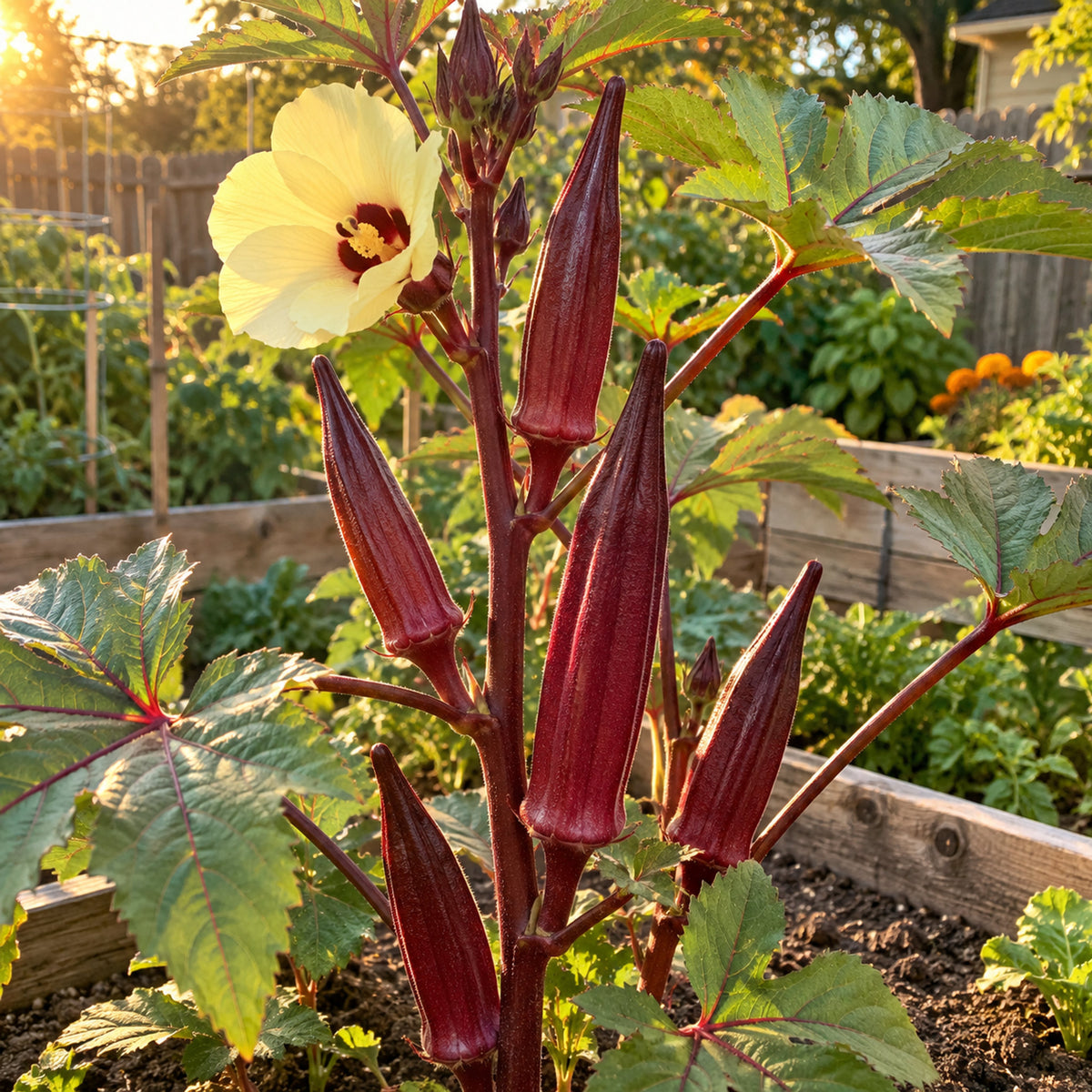 Red Burgundy Okra Seeds growing in a home garden