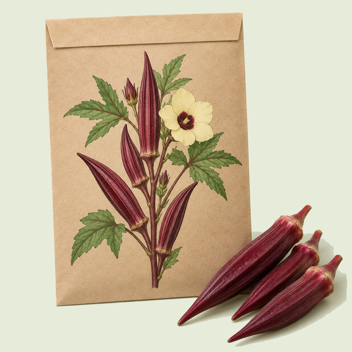 Kraft seed packet illustrated with Red Burgundy Okra, with fresh Red Burgundy Okra beside it