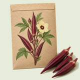 Kraft seed packet illustrated with Red Burgundy Okra, with fresh Red Burgundy Okra beside it