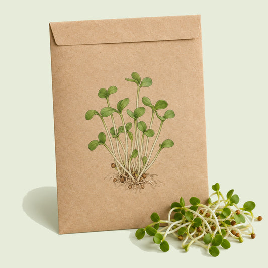 Kraft seed packet illustrated with Red Clover Sprouts, with fresh Red Clover Sprouts beside it