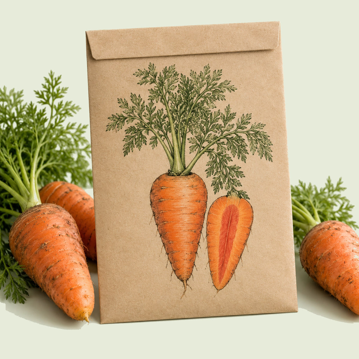 Kraft seed packet illustrated with Red Cored Chantenay Carrot, with fresh Red Cored Chantenay Carrot beside it