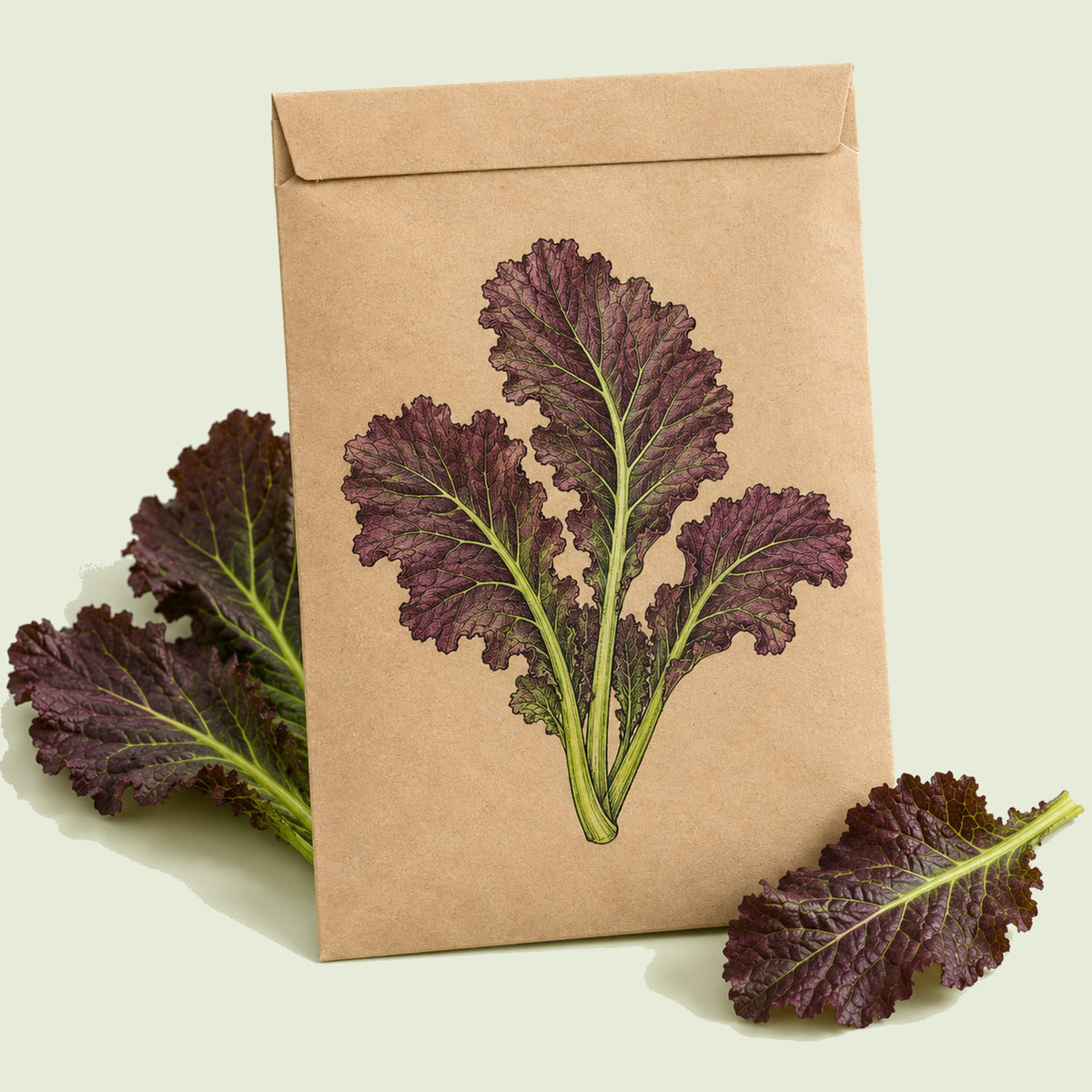 Kraft seed packet illustrated with Red Giant Mustard, with fresh Red Giant Mustard beside it