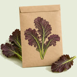 Kraft seed packet illustrated with Red Giant Mustard, with fresh Red Giant Mustard beside it