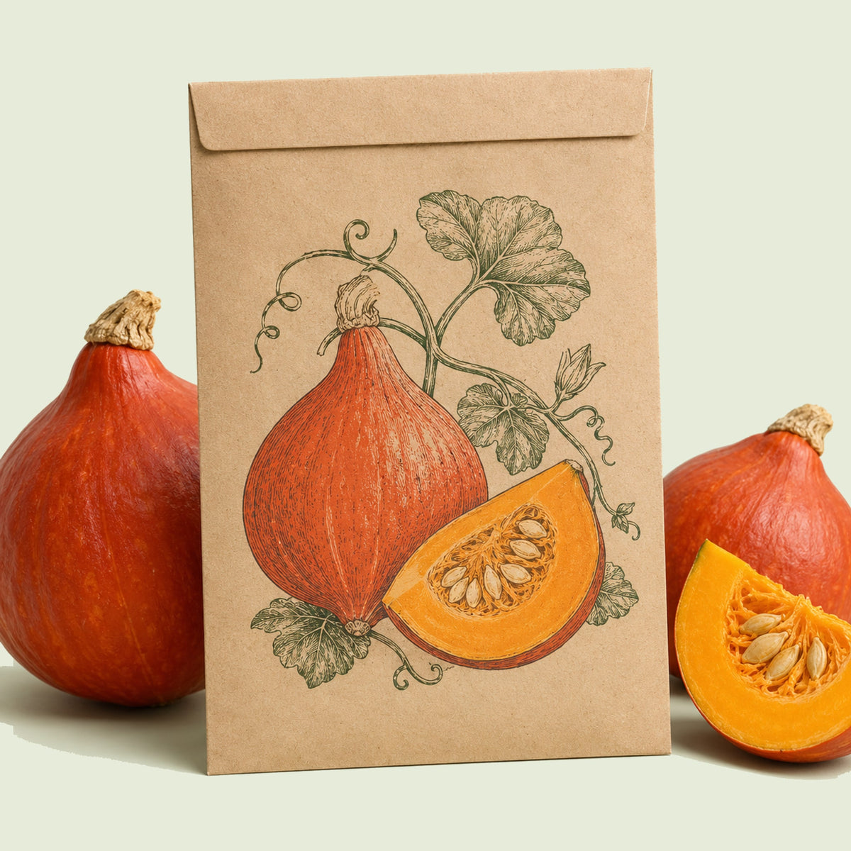 Kraft seed packet illustrated with Red Kuri Winter Squash, with fresh Red Kuri Winter Squash beside it