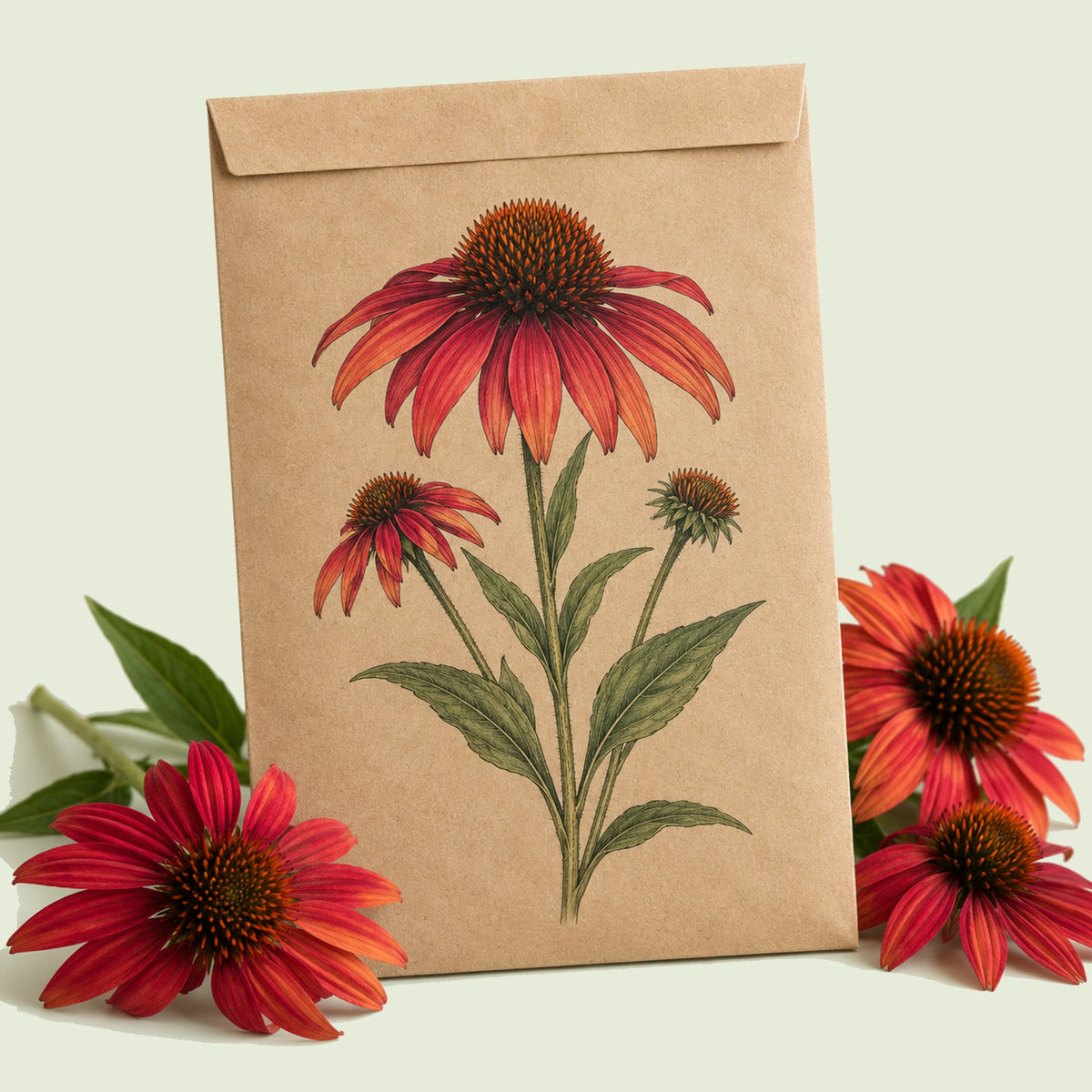 Kraft seed packet illustrated with Red Ombre Echinacea, with fresh Red Ombre Echinacea beside it