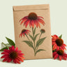 Kraft seed packet illustrated with Red Ombre Echinacea, with fresh Red Ombre Echinacea beside it