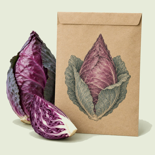 Kraft seed packet illustrated with Red Power Cabbage, with fresh Red Power Cabbage beside it