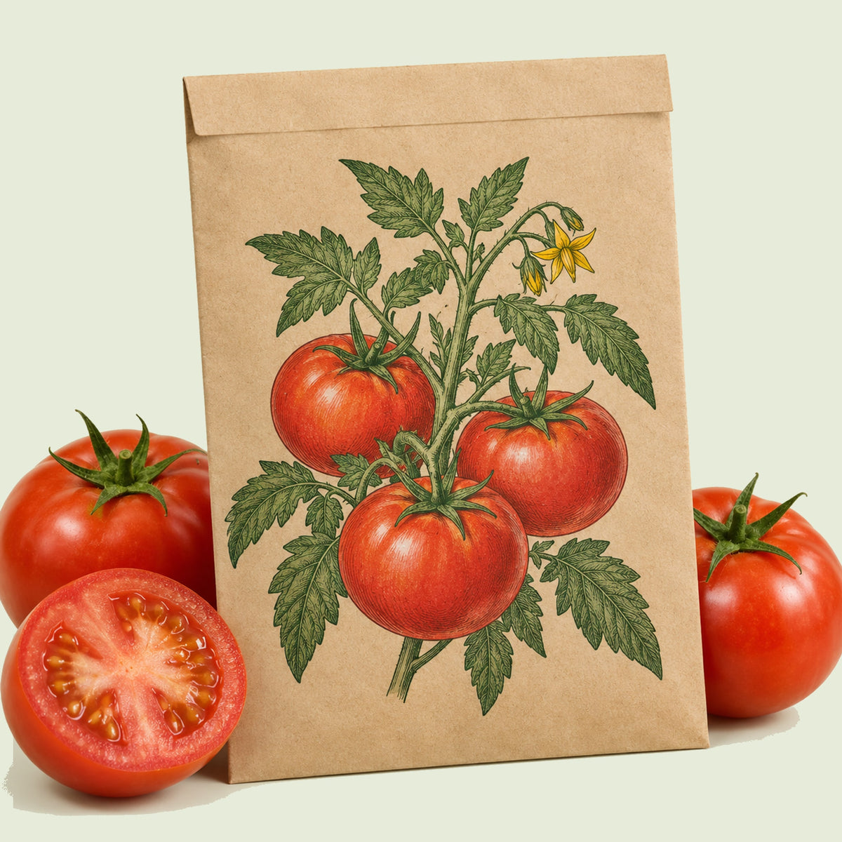 Kraft seed packet illustrated with Red Pride Bush Tomato, with fresh Red Pride Bush Tomato beside it