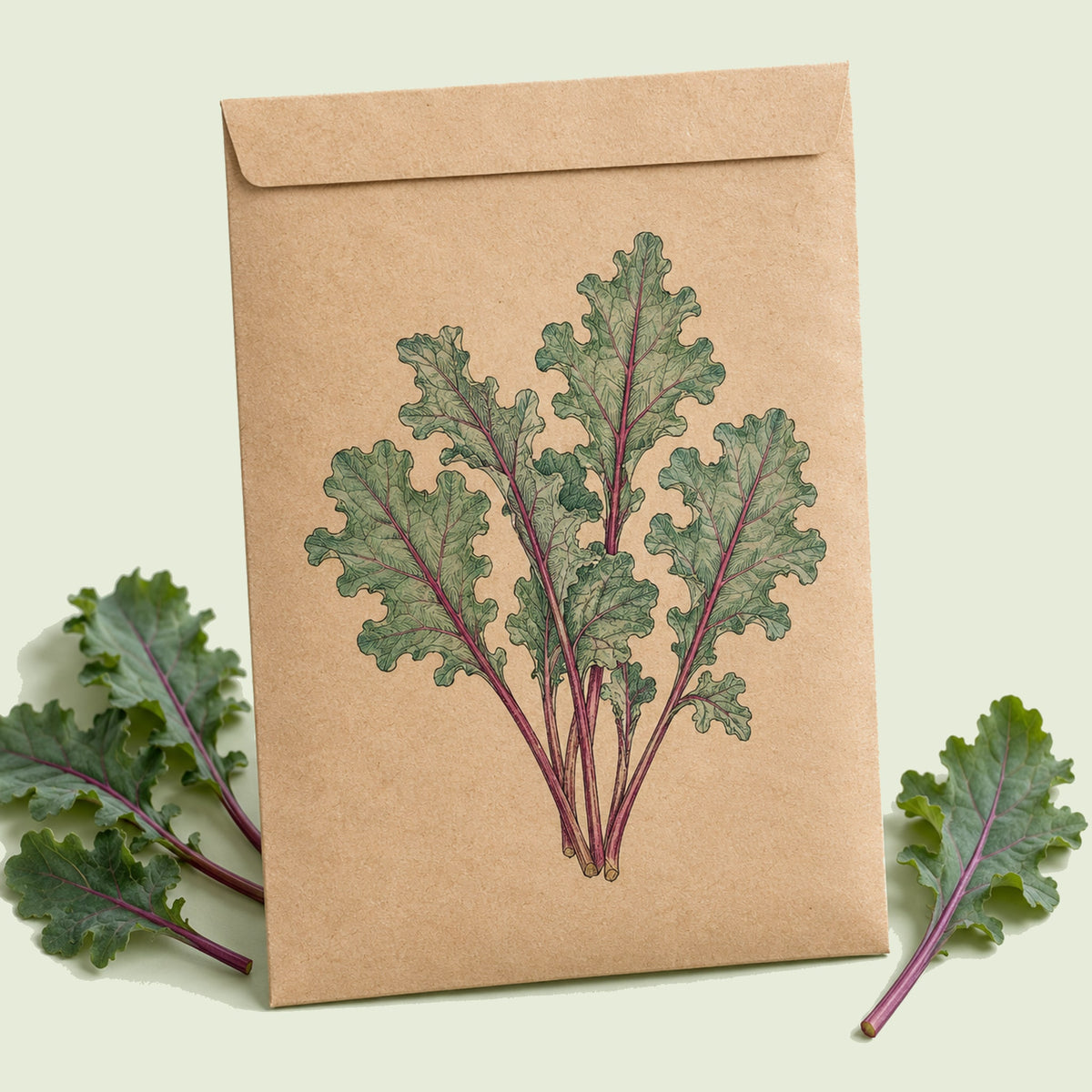 Kraft seed packet illustrated with Red Russian Kale Baby Greens, with fresh Red Russian Kale Baby Greens beside it
