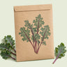 Kraft seed packet illustrated with Red Russian Kale Baby Greens, with fresh Red Russian Kale Baby Greens beside it
