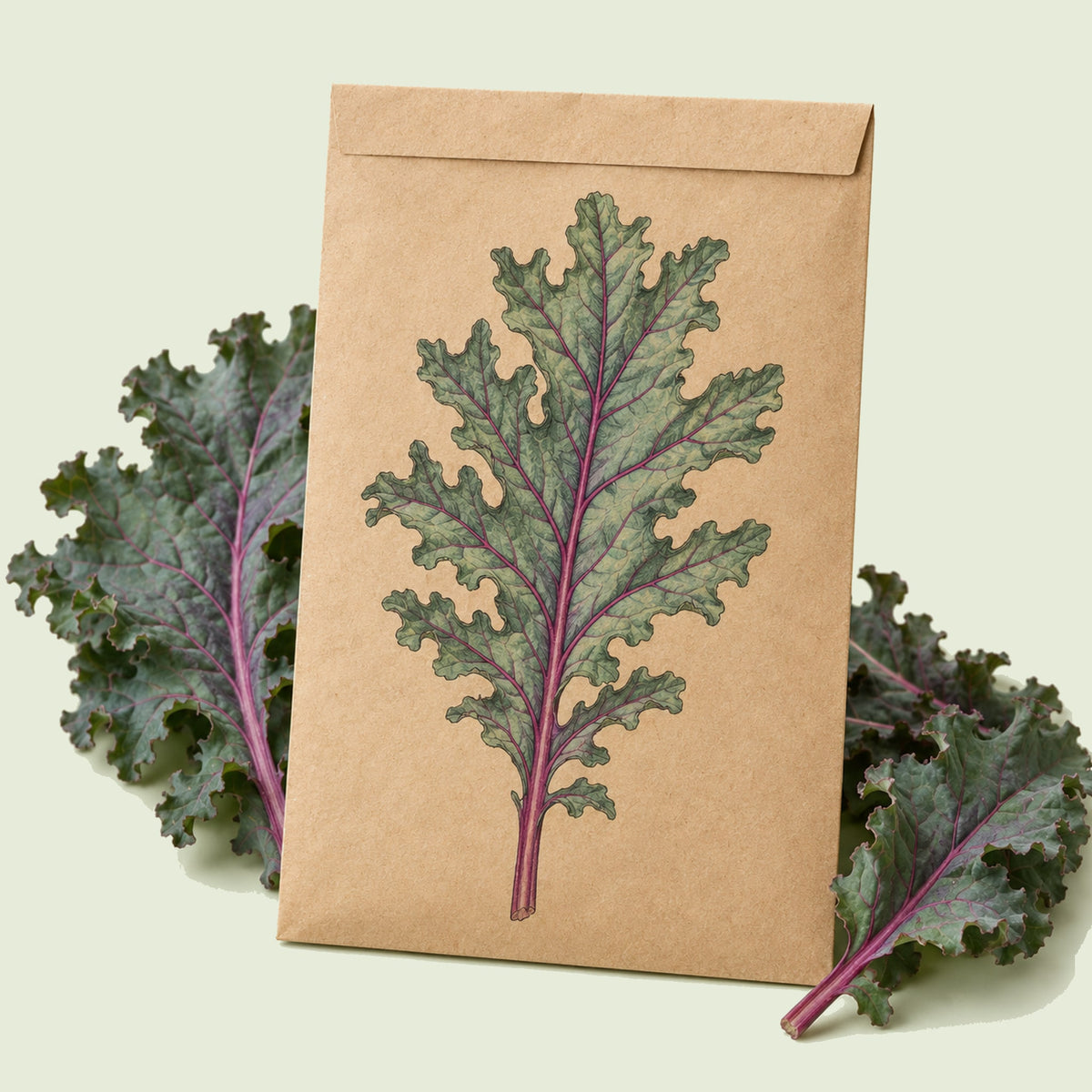 Kraft seed packet illustrated with Red Russian Kale, with fresh Red Russian Kale beside it
