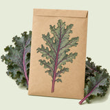 Kraft seed packet illustrated with Red Russian Kale, with fresh Red Russian Kale beside it