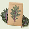 Kraft seed packet illustrated with Red Russian Kale, with fresh Red Russian Kale beside it