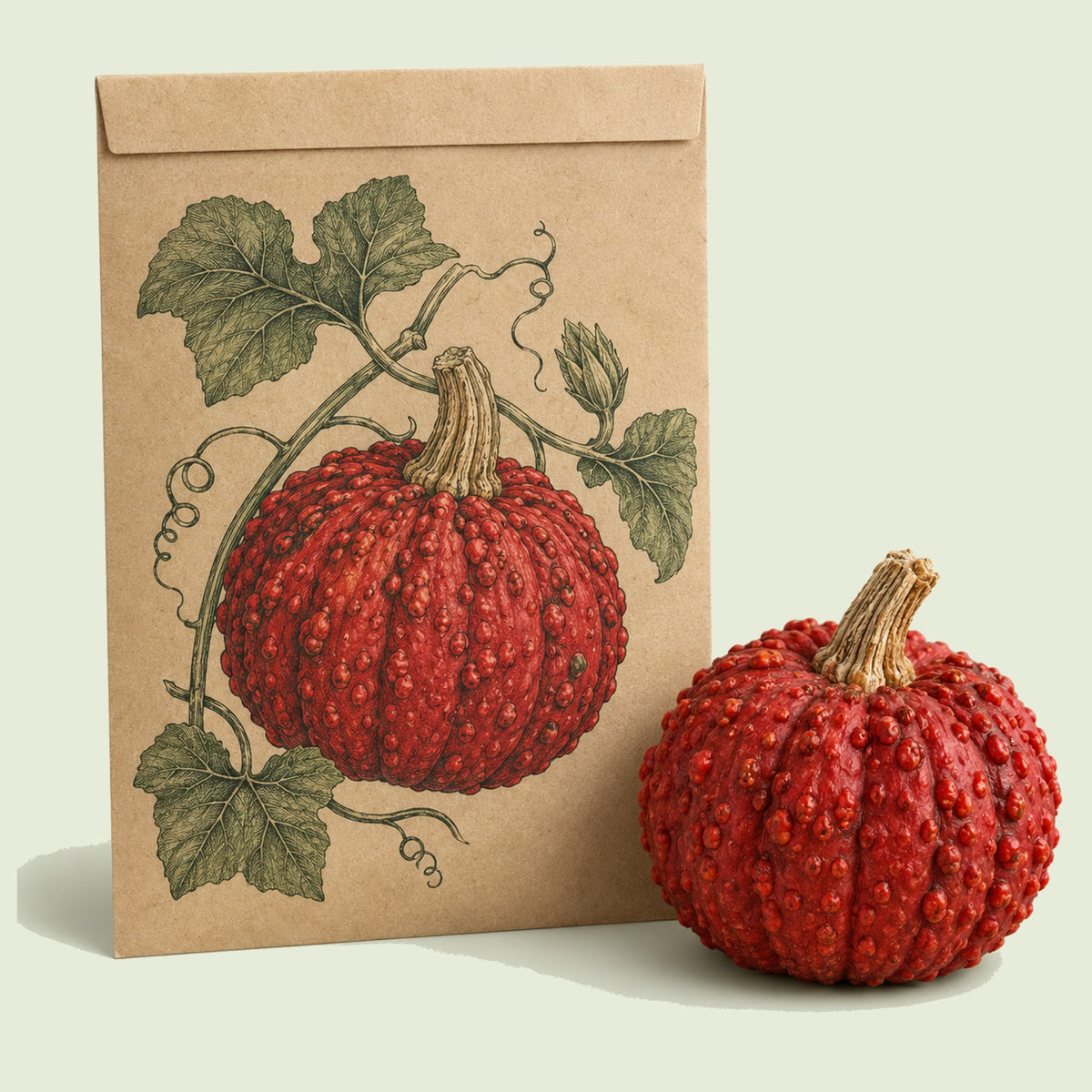 Kraft seed packet illustrated with Red Warty Thing Pumpkin, with fresh Red Warty Thing Pumpkin beside it