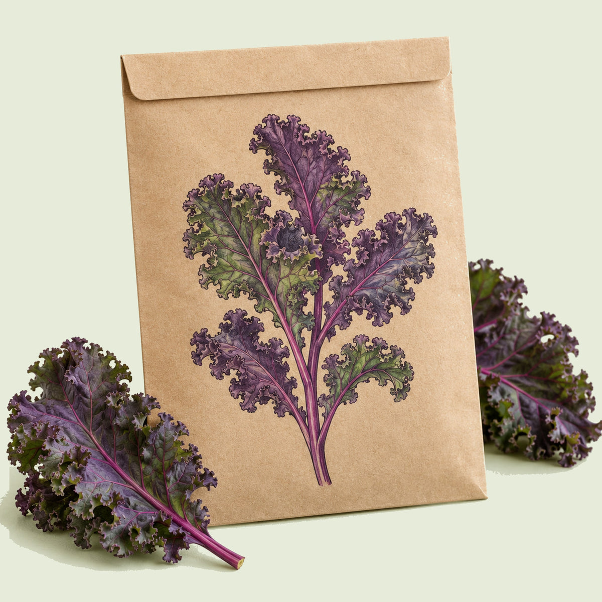 Kraft seed packet illustrated with Redbor Kale, with fresh Redbor Kale beside it