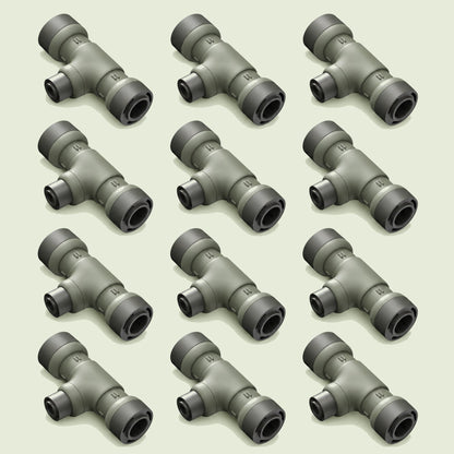 Reducer Tee Connector for Irrigation on a soft green background