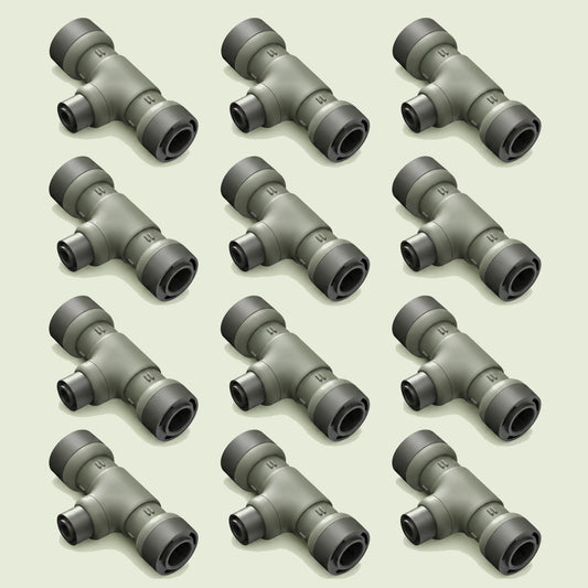 Reducer Tee Connector for Irrigation on a soft green background