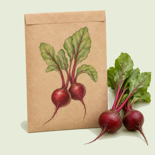 Kraft seed packet illustrated with Robin Baby Beet, with fresh Robin Baby Beet beside it