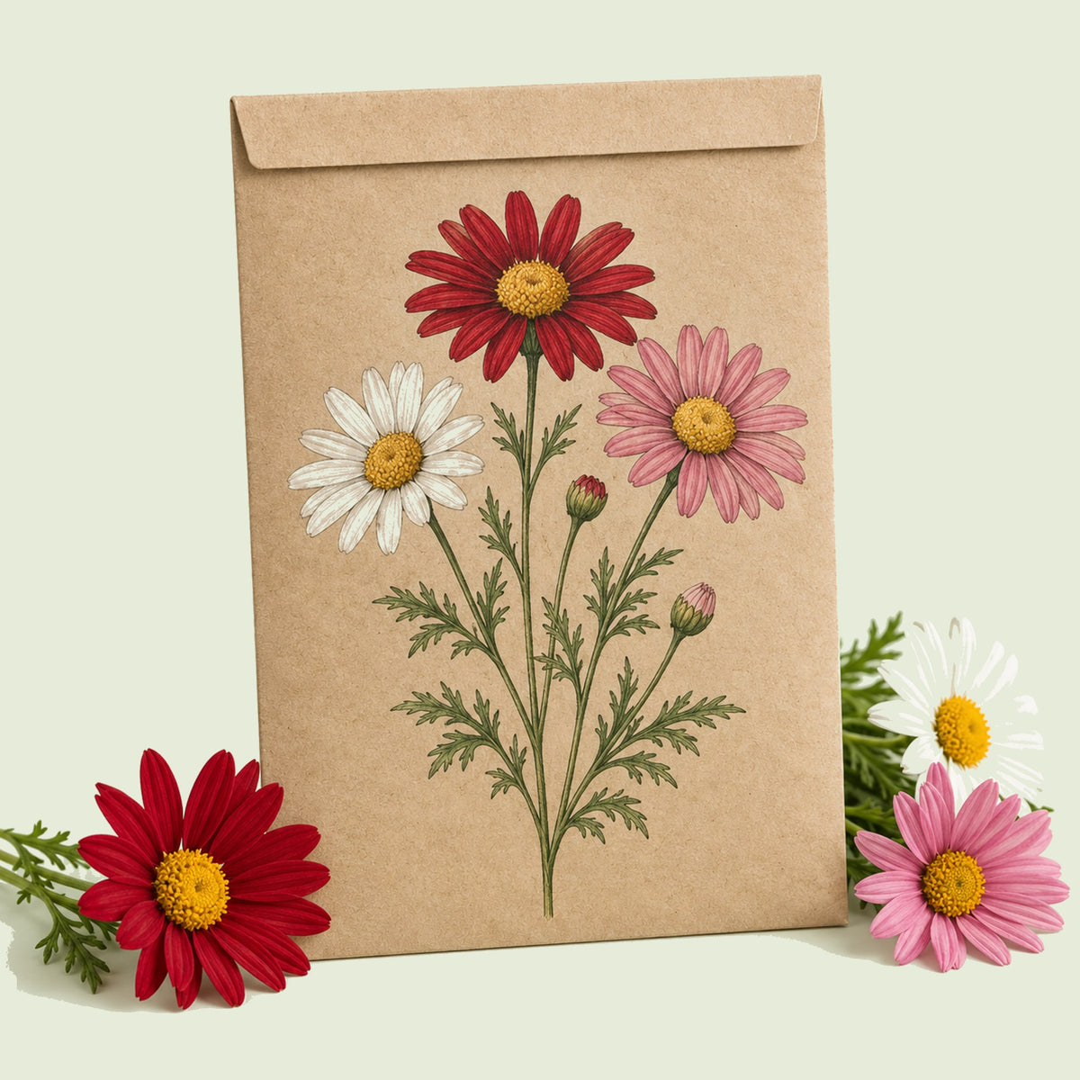 Kraft seed packet illustrated with Robinson's Painted Daisy Blend, with fresh Robinson's Painted Daisy Blend beside it