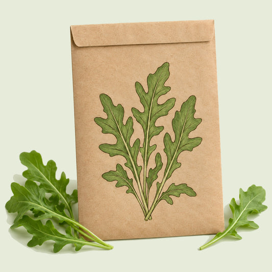 Kraft seed packet illustrated with Rocket Arugula Greens, with fresh Rocket Arugula Greens beside it