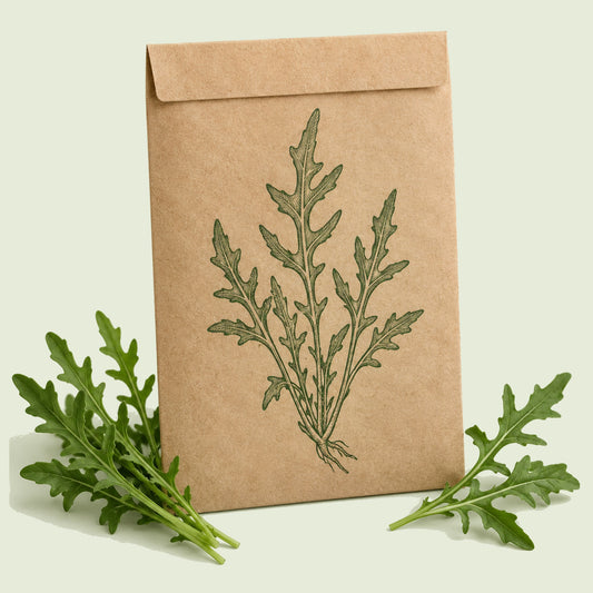 Kraft seed packet illustrated with Rocky Wild Arugula, with fresh Rocky Wild Arugula beside it