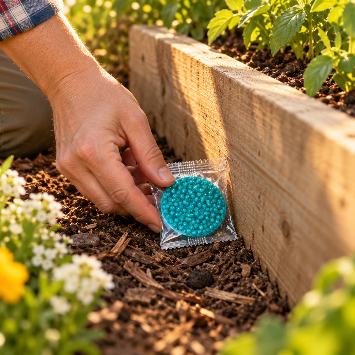 Rodent Repellent Packs in use in a home garden