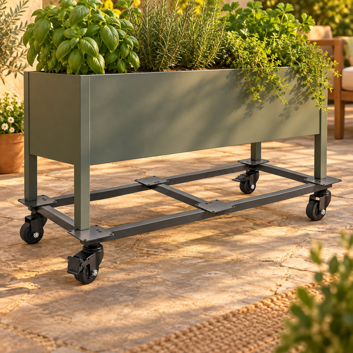 Rolling Cart for 21 x 48 Inch Planter in use in a home garden